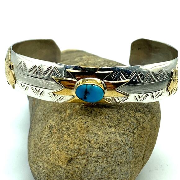 Sterling Turquoise 12k gold Buffalo Bangle Genevieve Jones Native American Made‎ - Picture 1 of 9